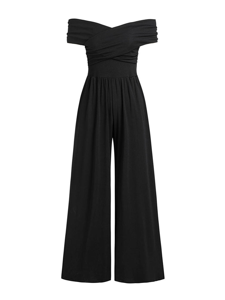 Black 1960s Solid Off-Shoulder Pleated Jumpsuit