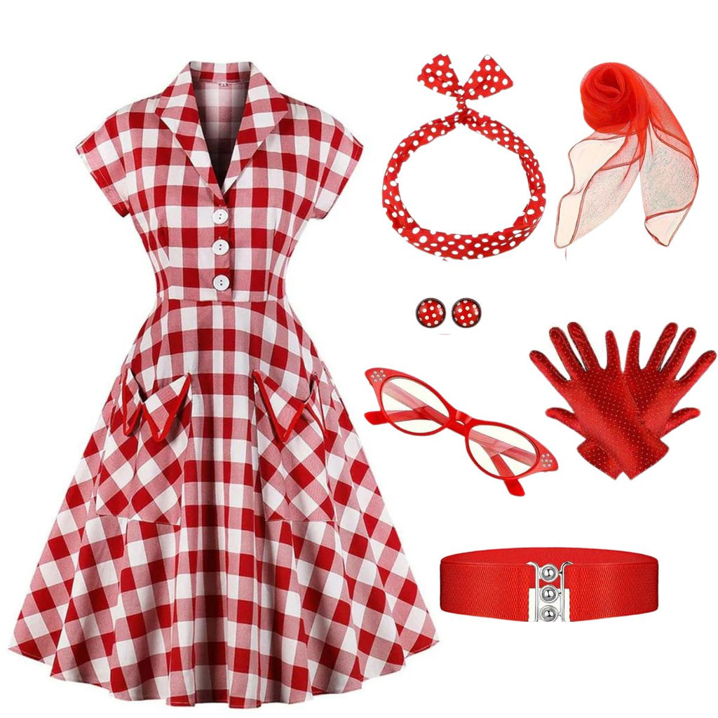 Red White 1950s Pockets Plaid Dress With Accessories Set