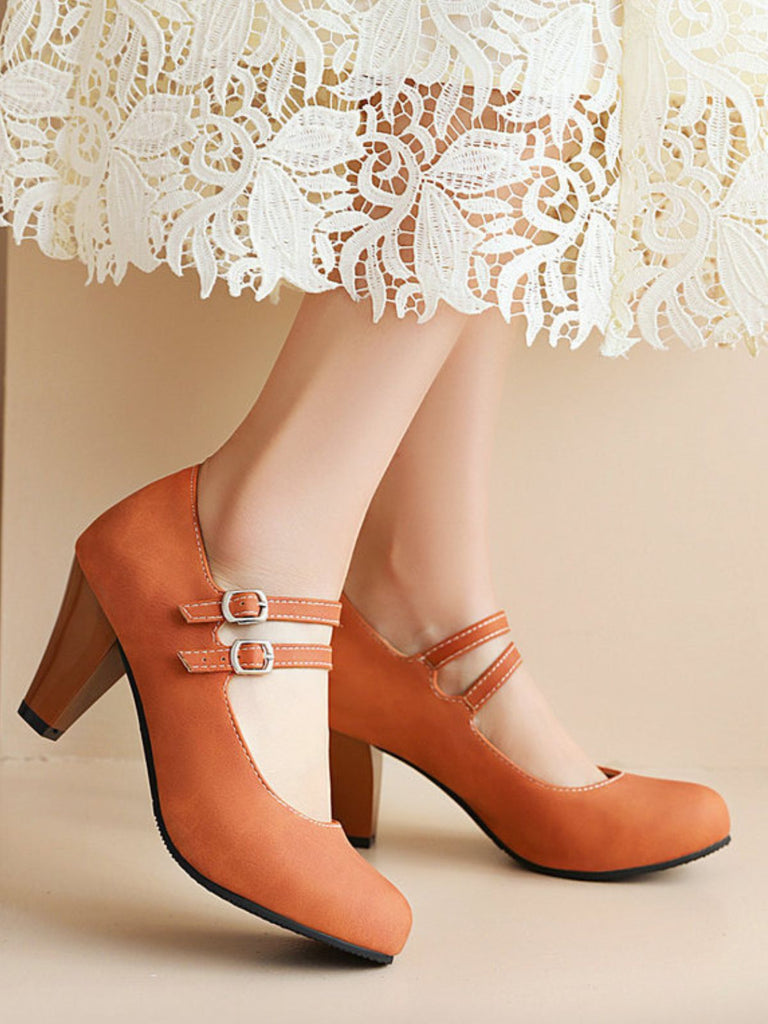 Orange Double Buckle Strap Mary Jane Heels Shoes