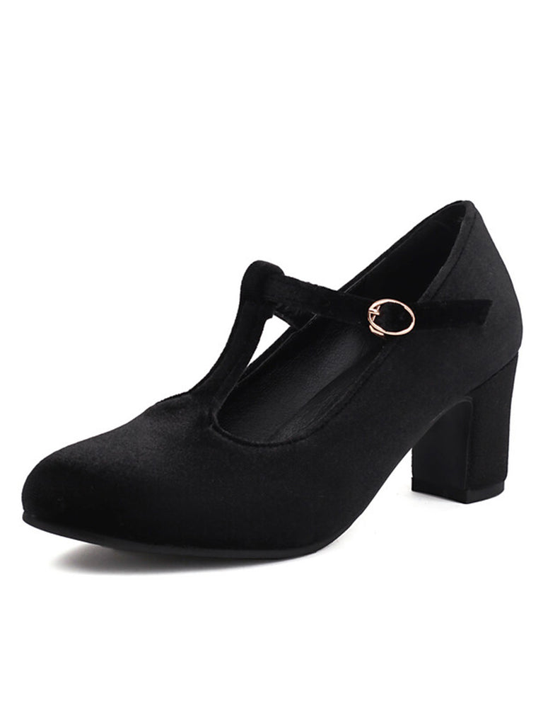 Vintage Velvet T-Strap Chunky Heel Shoes