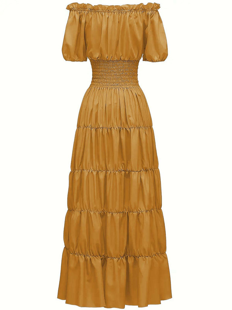 1930s Solid Off-Shoulder Smocked Puff Sleeves Dress