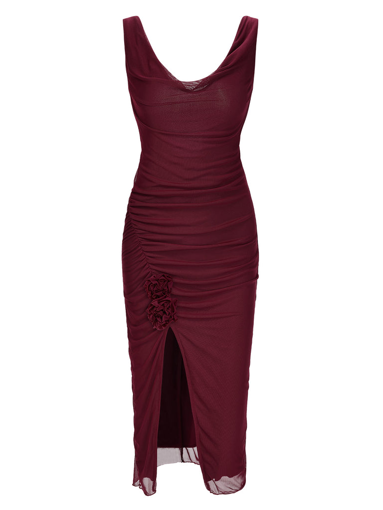 Wine Red 1960s Scarf Slit Backless Dress