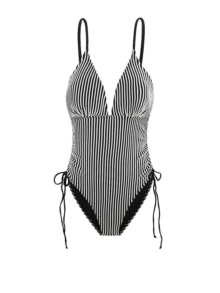 1960s Spaghetti Strap Contrast Stripes One-Piece Swimsuit