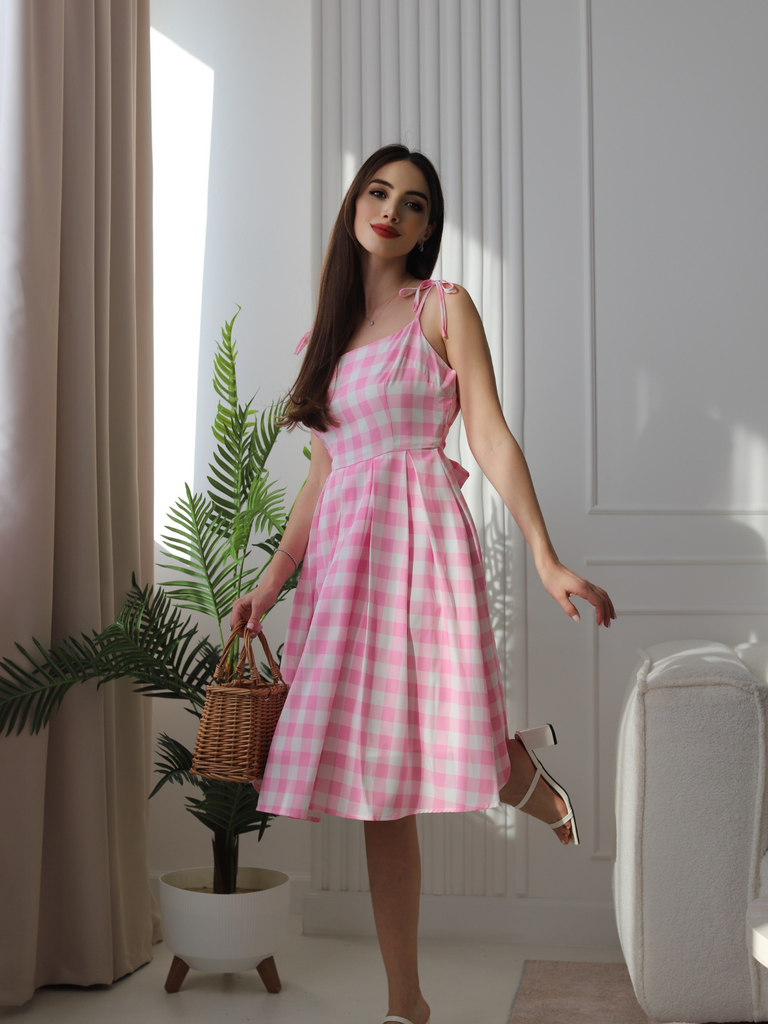 Pink 1950s Spaghetti Strap Plaid Swing Dress