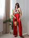 Red 1930s Halter Deep V-Neck Roses Jumpsuit