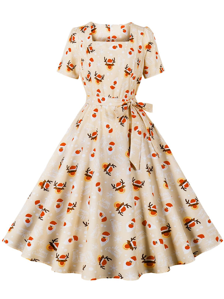 1950s Christmas Santa & Elk Print Swing Dress