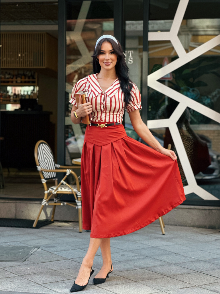 2PCS Orange Red 1950s Striped Blouse & Pleated Skirt