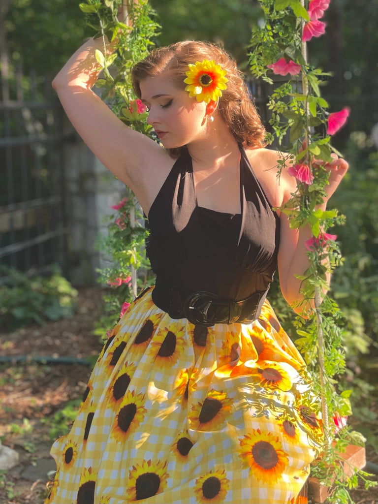 Yellow 1950s Sunflower Plaid Halter Dress