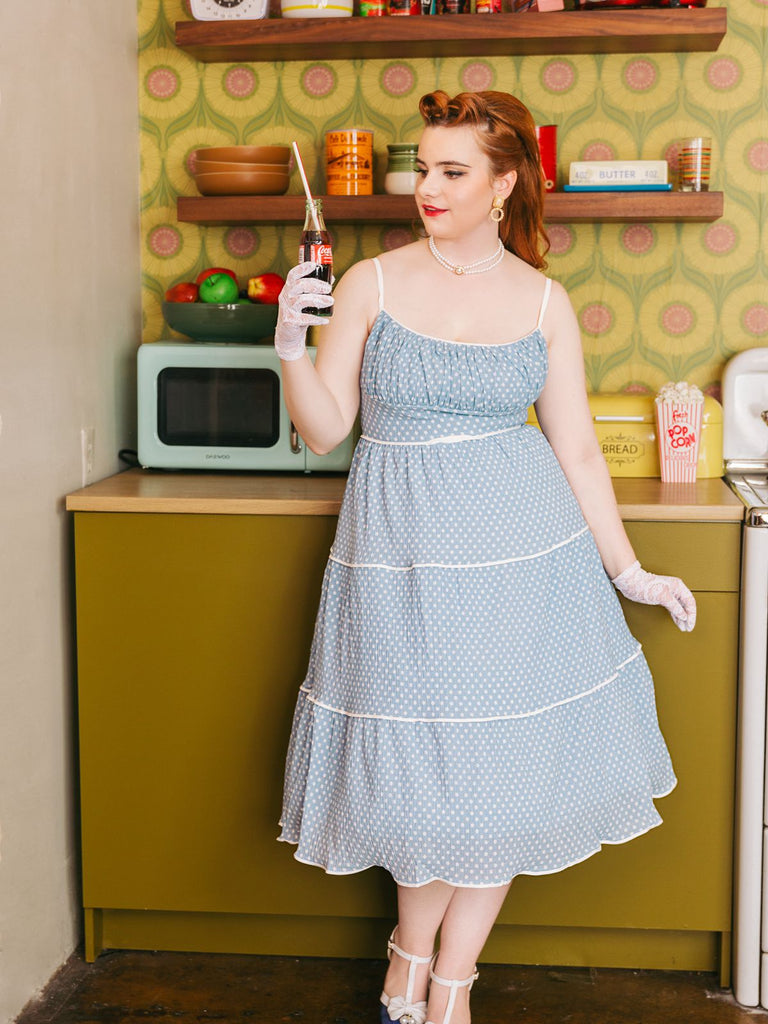 Sky Blue 1950s Strap Polka Dot Swing Dress