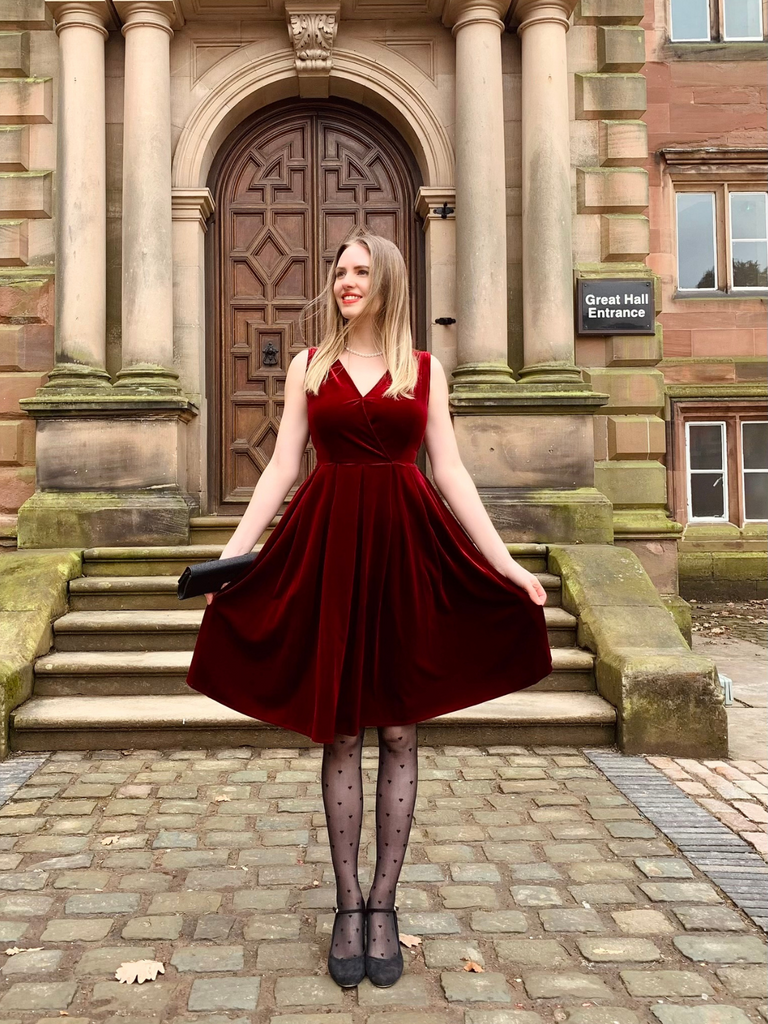 Red 1950s Velvet Polka Dot Lined Bow Dress