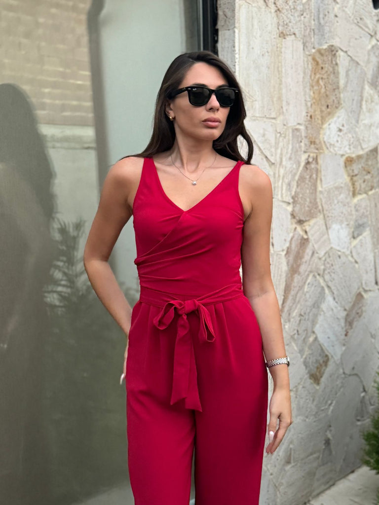 Red 1930s Solid Wasit Tie V-Neck Jumpsuit