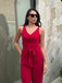 Red 1930s Solid Wasit Tie V-Neck Jumpsuit