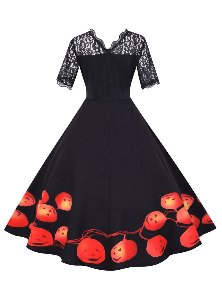 Black 1950s Halloween Lace Sleeves Patchwork Dress