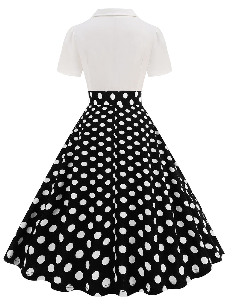 1950s Lapel Polka Dots Patchwork Swing Dress