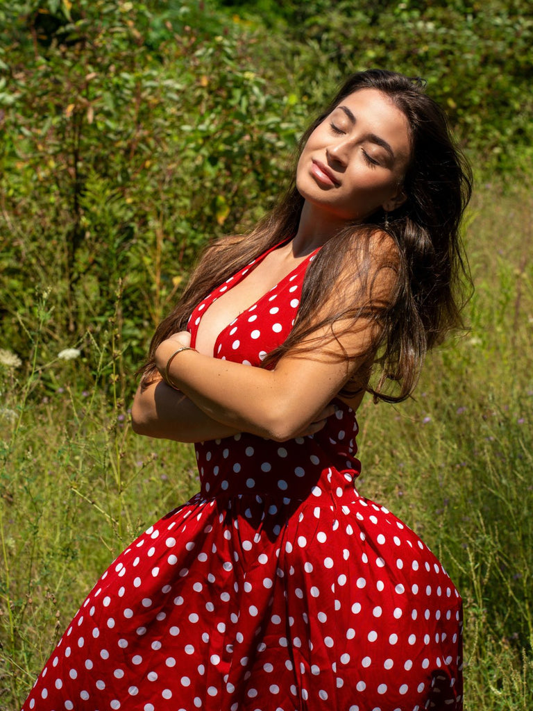 Red 1950s Polka Dot Halter Dress