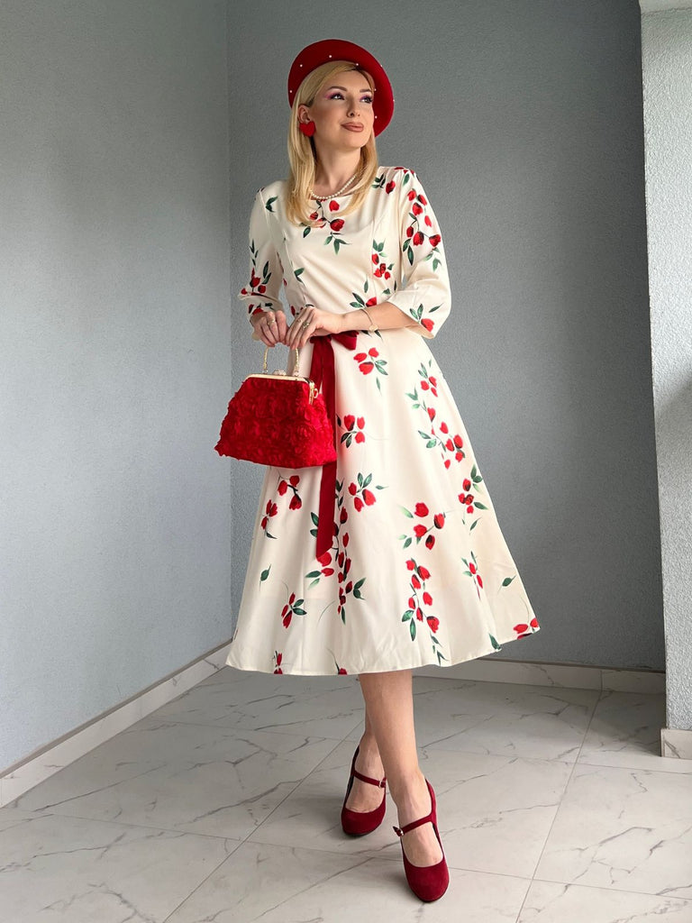 Beige 1950s Floral Half Sleeve Belted Dress