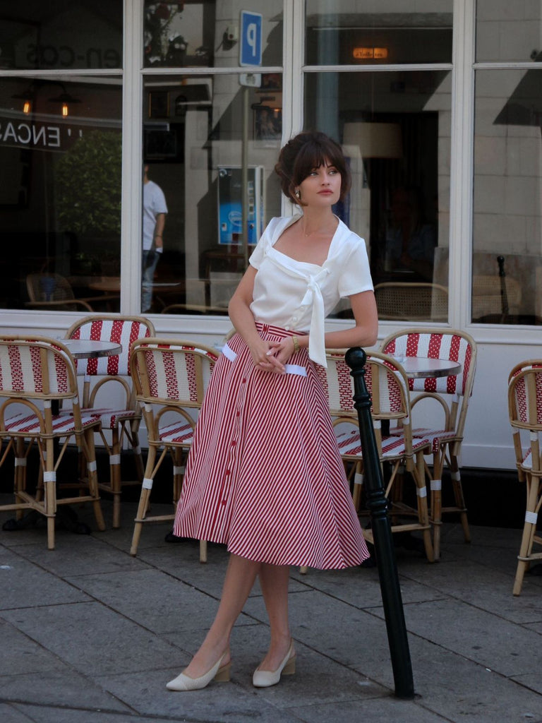 Red 1940s Buttoned Stripes Skirt