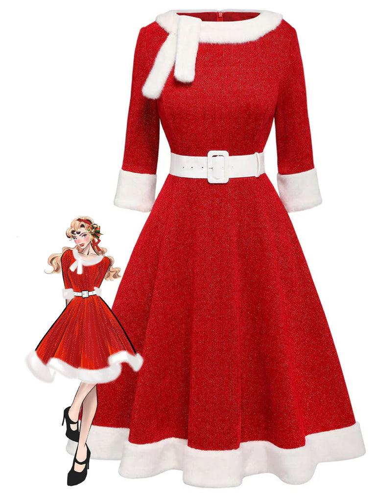 Red 1950s Solid Plush Christmas Dress