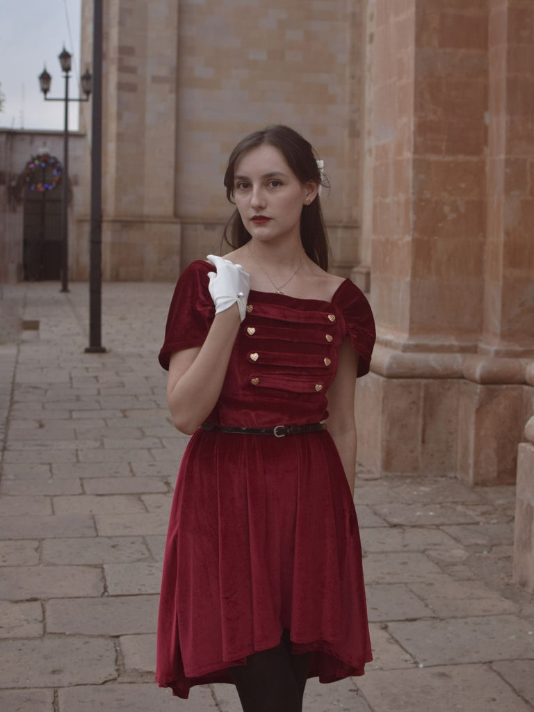 Wine Red 1950s Heart Button Solid Dress