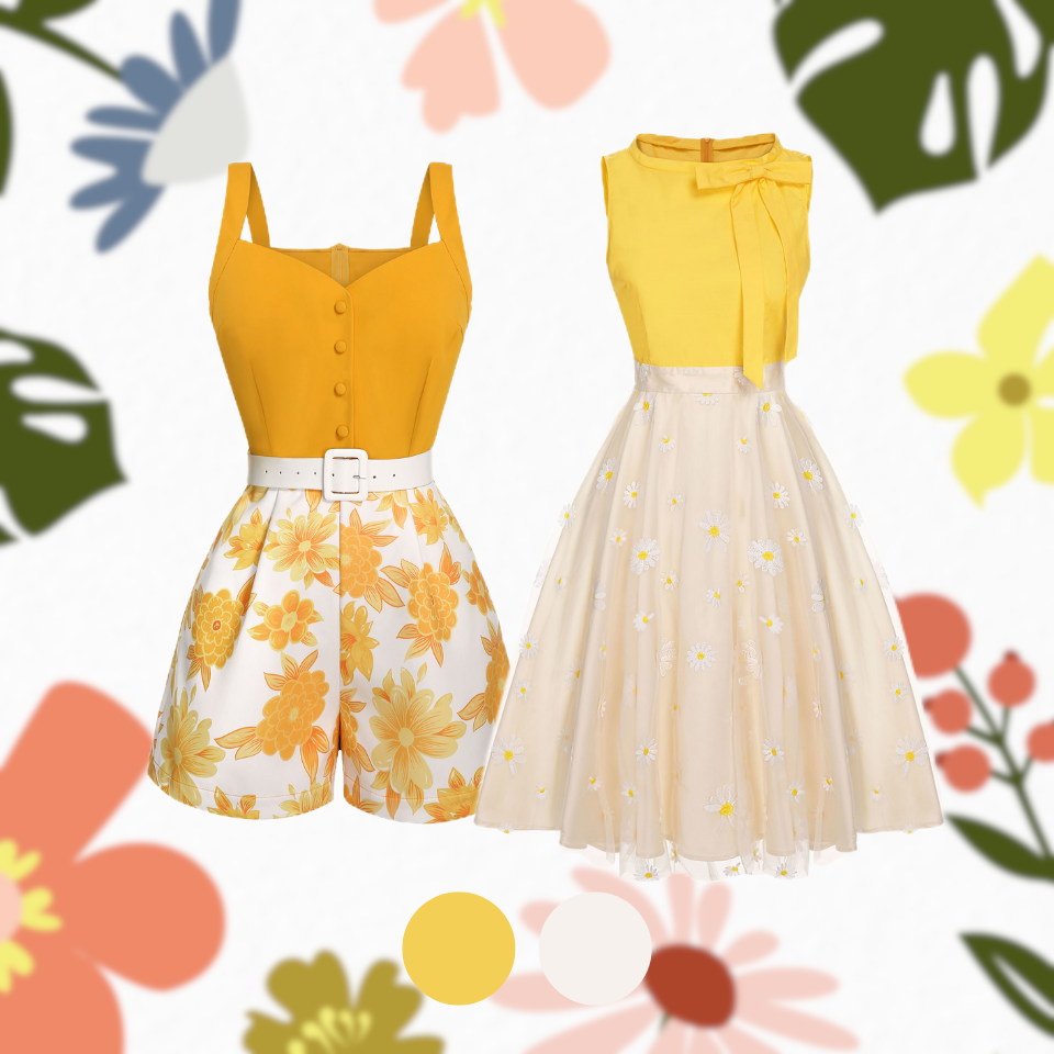 Yellow 1950s Daisy Bowtie Patchwork Dress