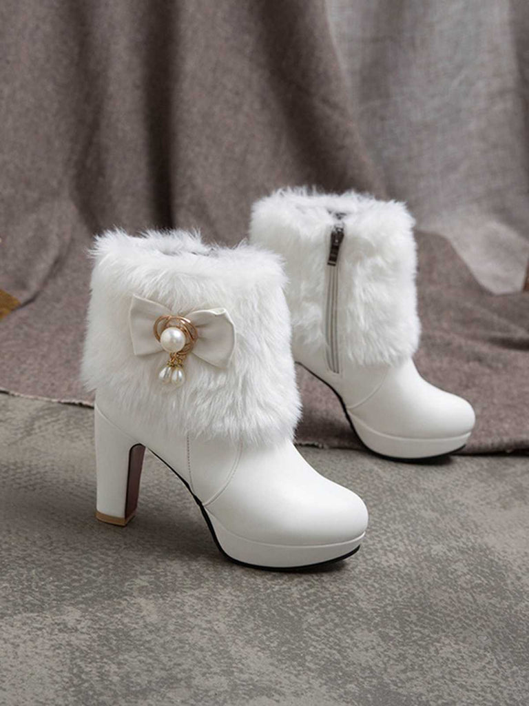 Fur Bow Pointed High Heels Boots