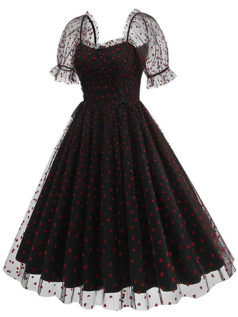 1950s Puff Sleeve Valentine Heart Mesh Dress