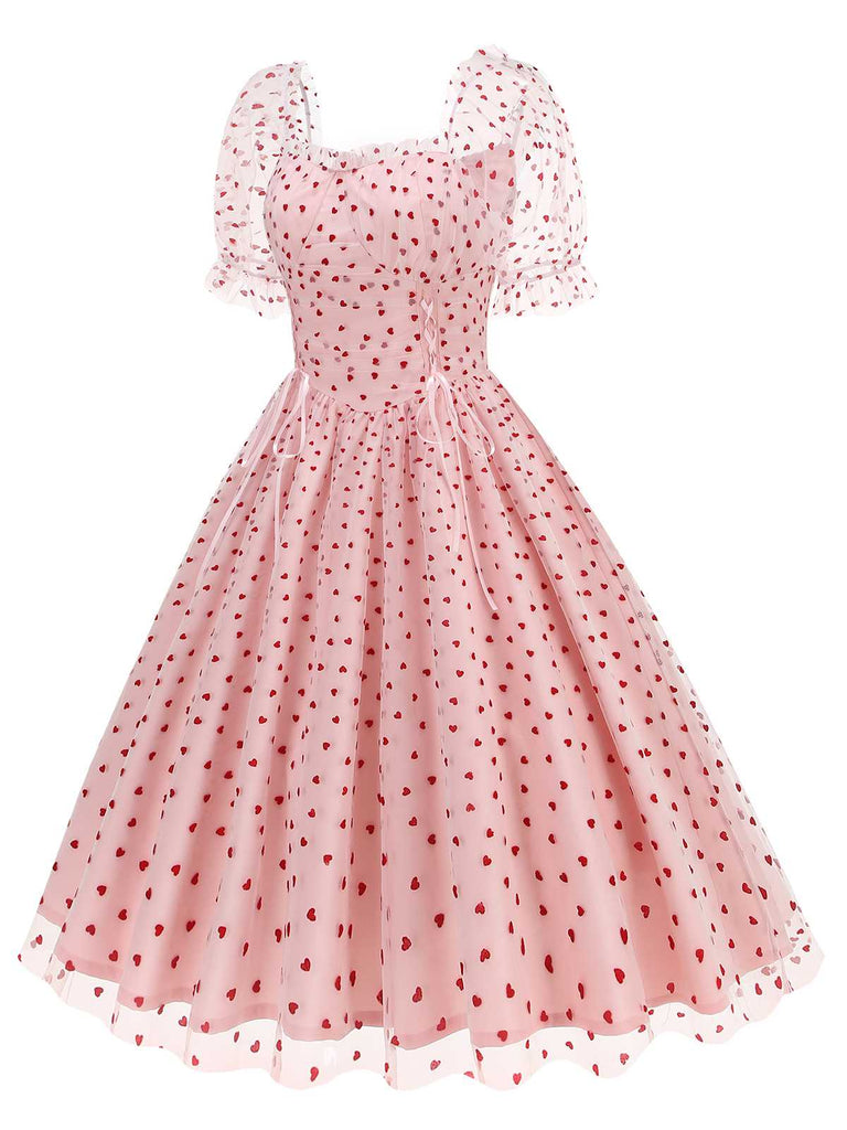 1950s Puff Sleeve Valentine Heart Mesh Dress