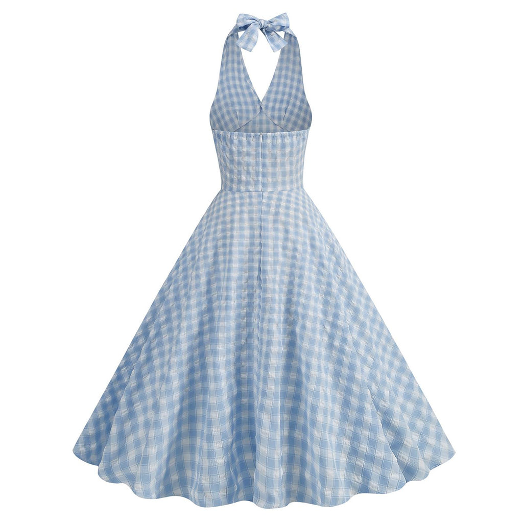 Blue 1950s Halter Plaid Swing Dress