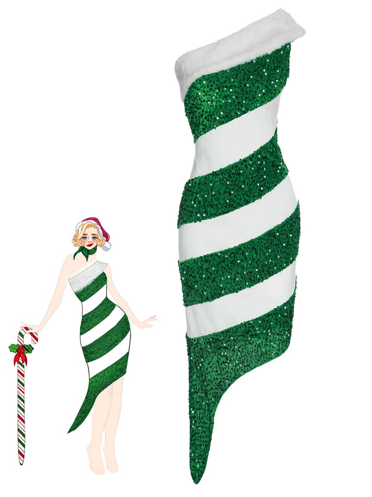 Red 1960s Candy Cane One-Shoulder Dress