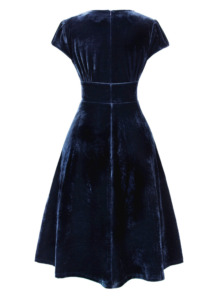 [Pre-Sale] Blue 1940s Deep V-Neck Pearl Velvet Dress