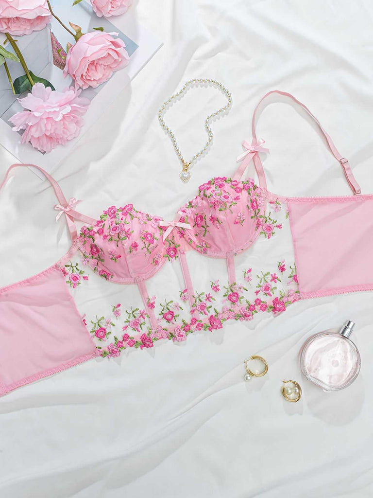 1960s Floral Embroidered Bow Underwire Lingerie