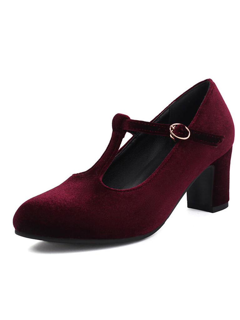 Vintage Velvet T-Strap Chunky Heel Shoes