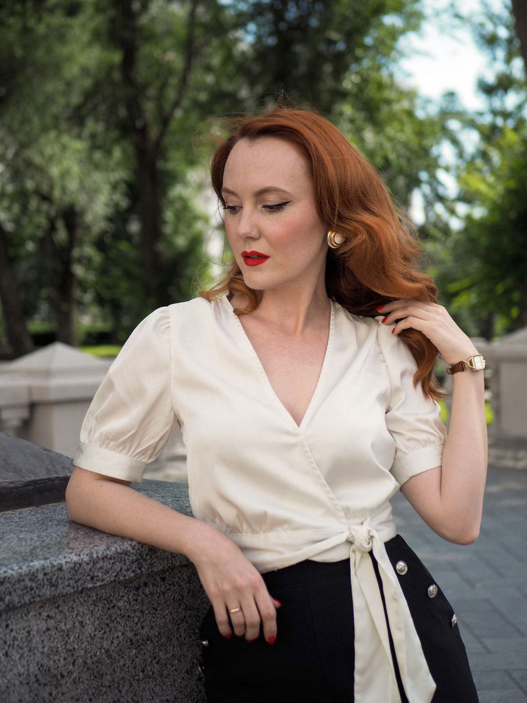 Beige 1950s Satin Puff Sleeve V-Neck Blouse