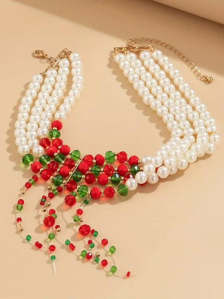 Christmas Multilayer Contrast Pearl Strand Necklace