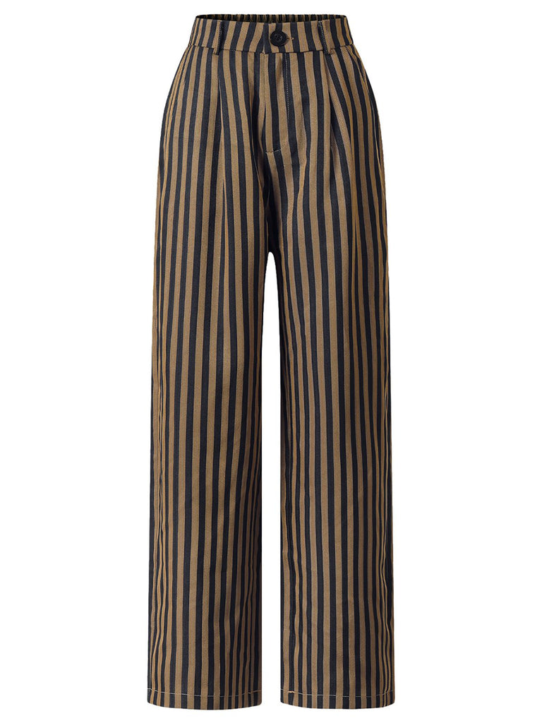 Brown 1940s Stripes Straight-Leg Pants