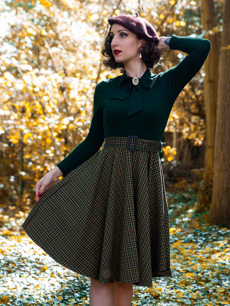 Dark Green 1950s Plaid Knitting Dress