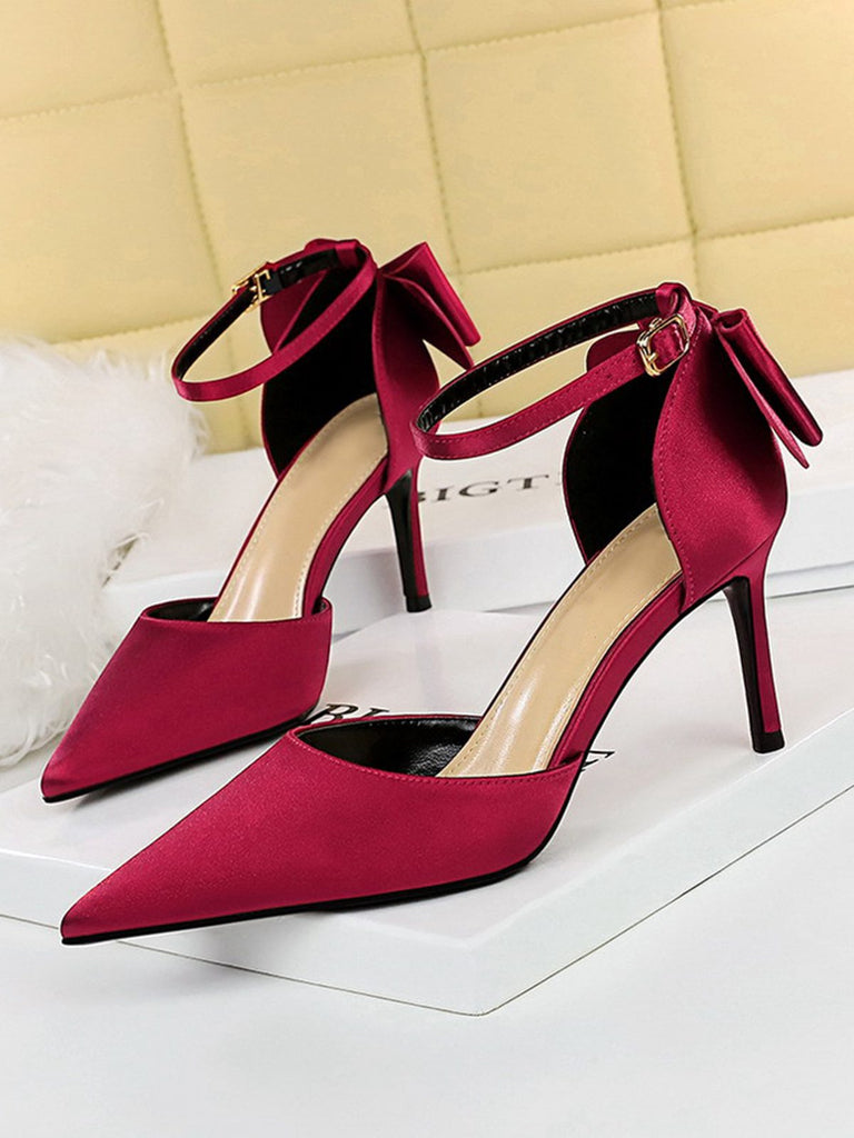 Pointed Toe Bow Strap Satin High Heels Shoes