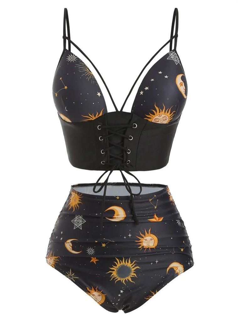 Black 1940s Sun Moon Stars Lace-Up Swimsuit