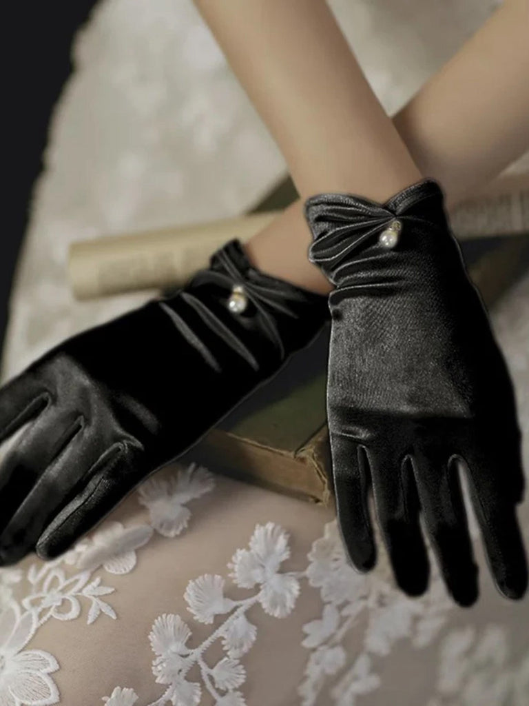 Vintage Solid Pearl Stretch Satin Short Gloves