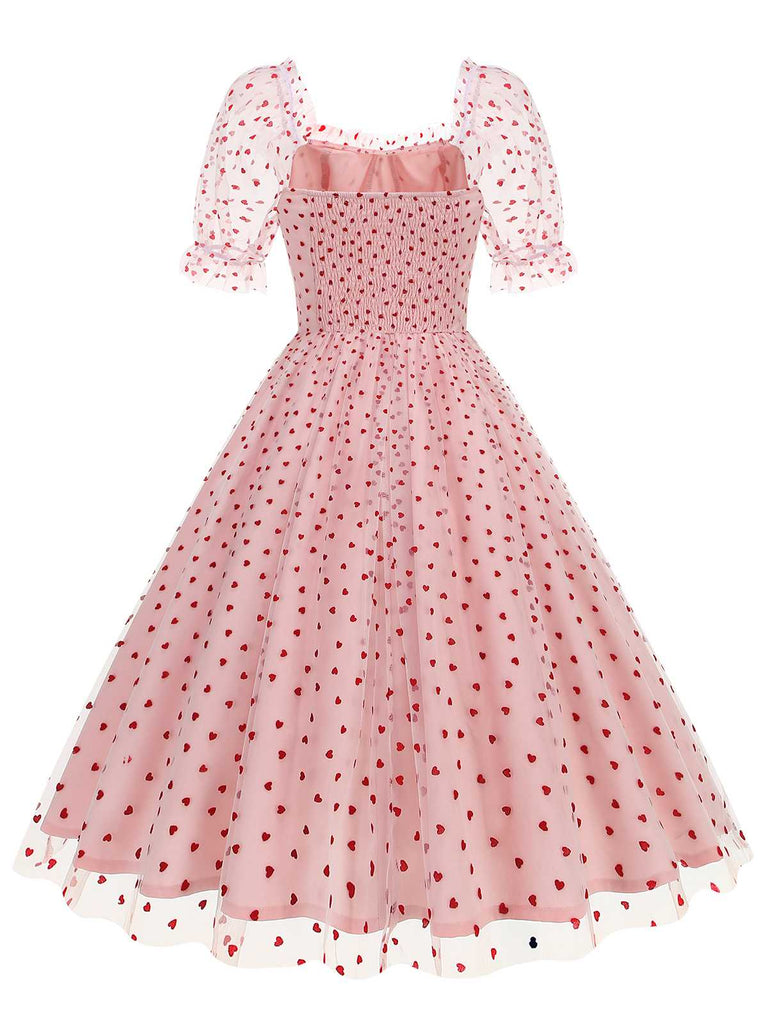 1950s Puff Sleeve Valentine Heart Mesh Dress