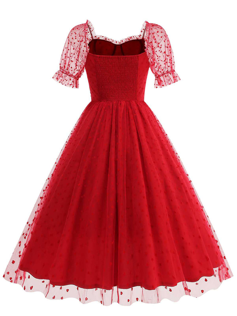 1950s Puff Sleeve Valentine Heart Mesh Dress