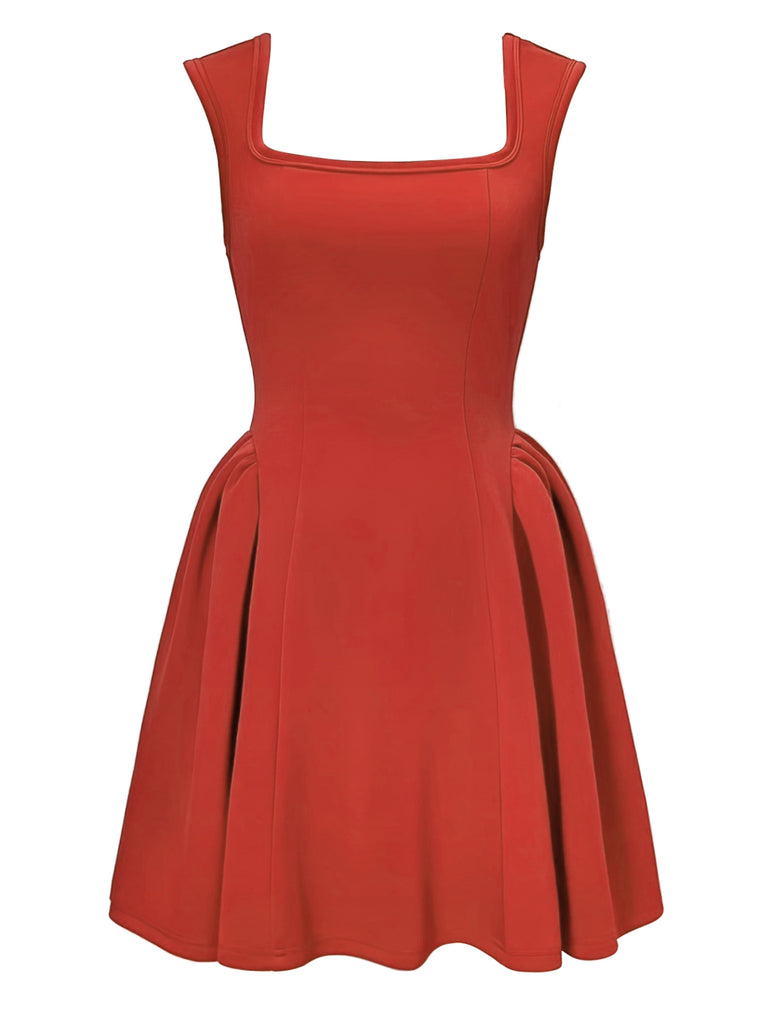 Red 1950s Square Neck Solid Dress