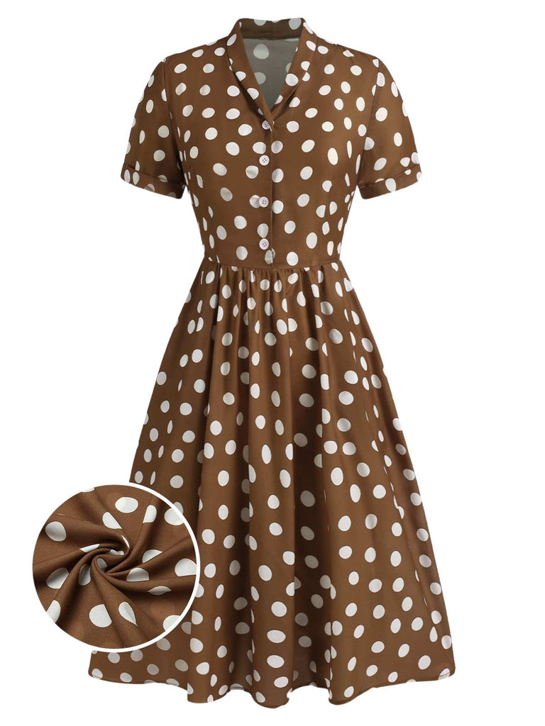 [Pre-Sale] Brown 1940s Lapel Buttons Pocketed Polka Dots Dress