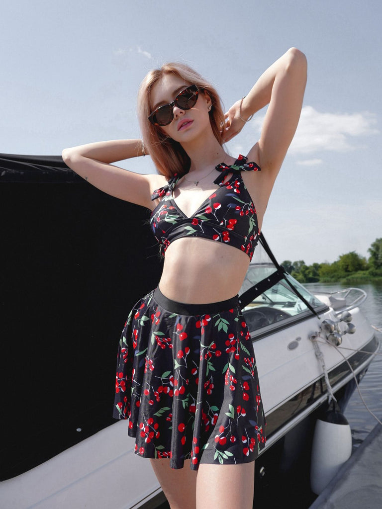 Black 1950s Cherry Bow V-Neck Swimsuit