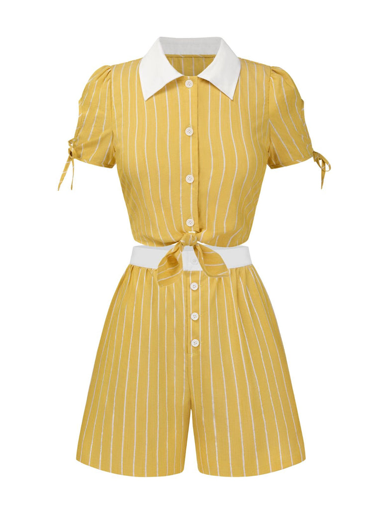 [Pre-Sale] 2PCS Yellow 1950s Stripes Tie-Front Blouse & Shorts