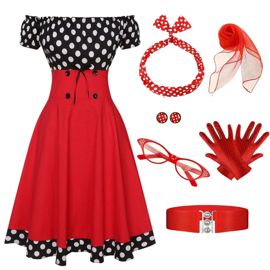 Black & Red 1950s Polka Dots Off Shoulder Dress With Accessories Set