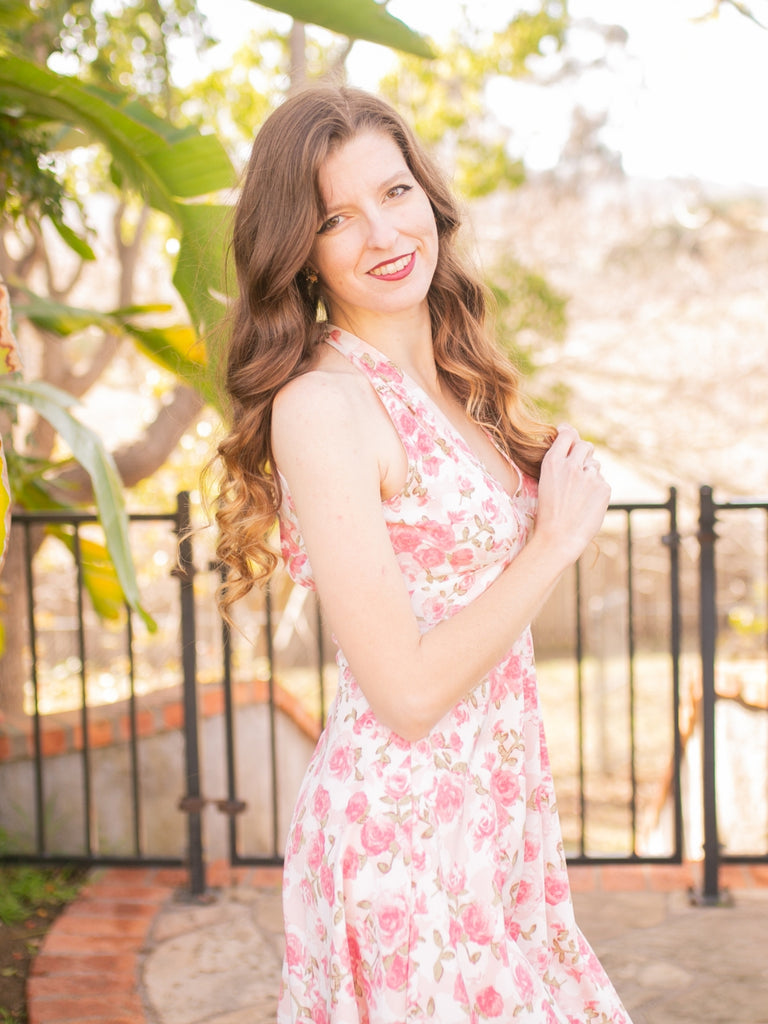 Pink 1950s Floral V-Neck Dress