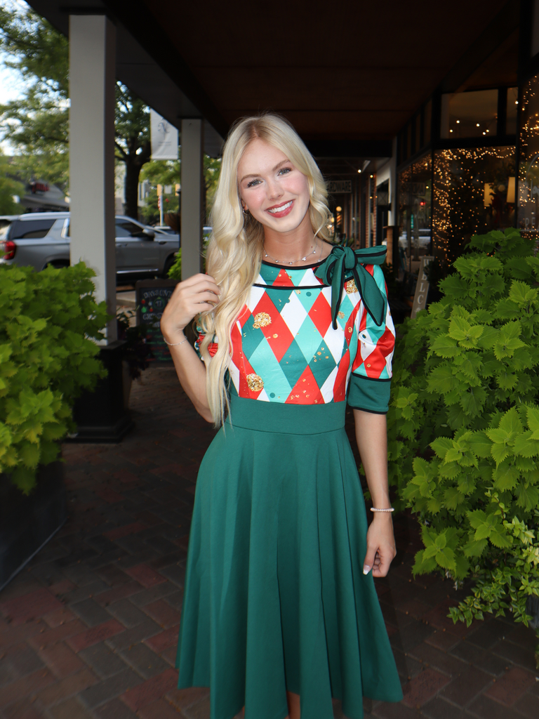 Green 1950s Christmas Plaid Patchwork Dress