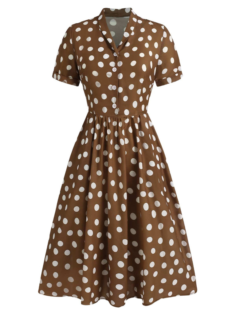 [Pre-Sale] Brown 1940s Lapel Buttons Pocketed Polka Dots Dress