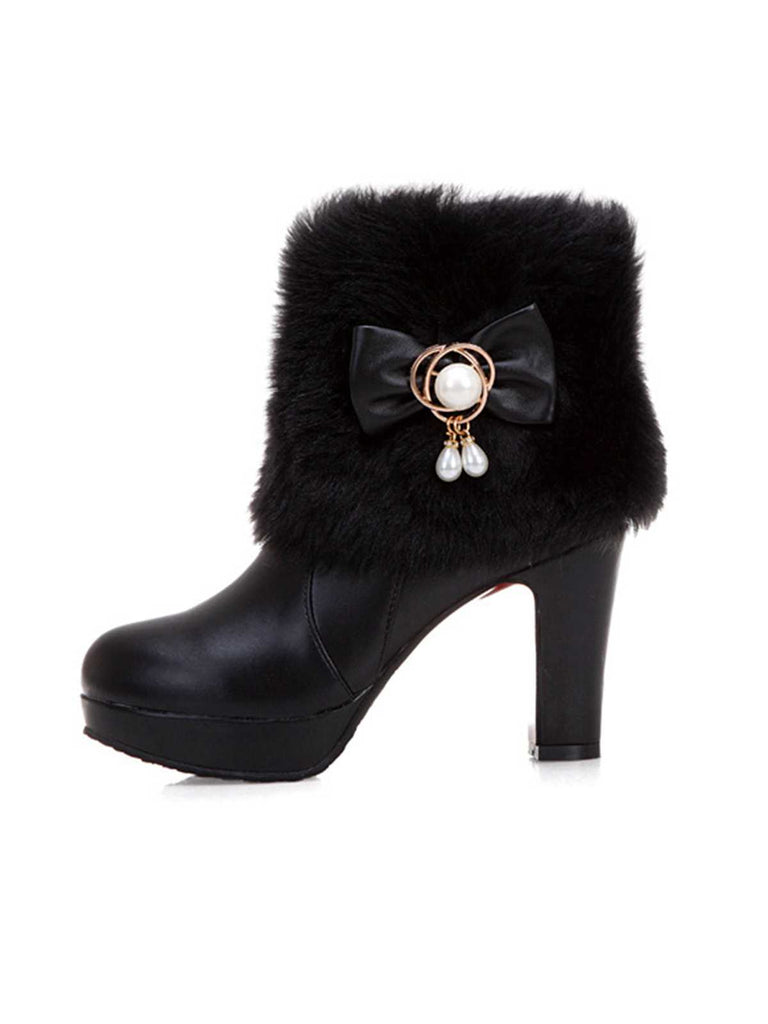 Fur Bow Pointed High Heels Boots